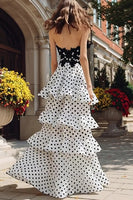 Load image into Gallery viewer, Black and White Polka Dots Sweetheart Ruffled Long Prom Dress with Slit