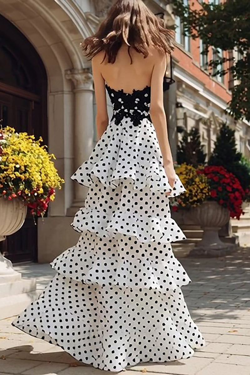Load image into Gallery viewer, Black and White Polka Dots Sweetheart Ruffled Long Prom Dress with Slit