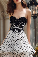 Load image into Gallery viewer, Black and White Polka Dots Sweetheart Ruffled Long Prom Dress with Slit
