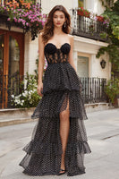 Load image into Gallery viewer, Black and White Polka Dots Ruffled Sweetheart Long Corset Prom Dress with Slit