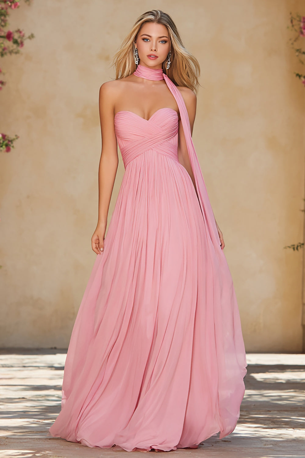 Pink Neck Scarf Sweetheart Long A Line Prom Dress