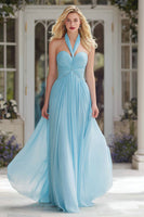 Load image into Gallery viewer, Sparkly Sky Blue Chiffon Halter Neck A Line Long Prom Dress