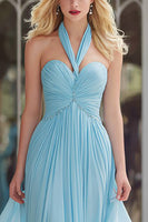 Load image into Gallery viewer, Sparkly Sky Blue Chiffon Halter Neck A Line Long Prom Dress