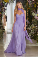 Load image into Gallery viewer, Lilac Chiffon Neck Scarf Sweetheart A Line Long Prom Dress
