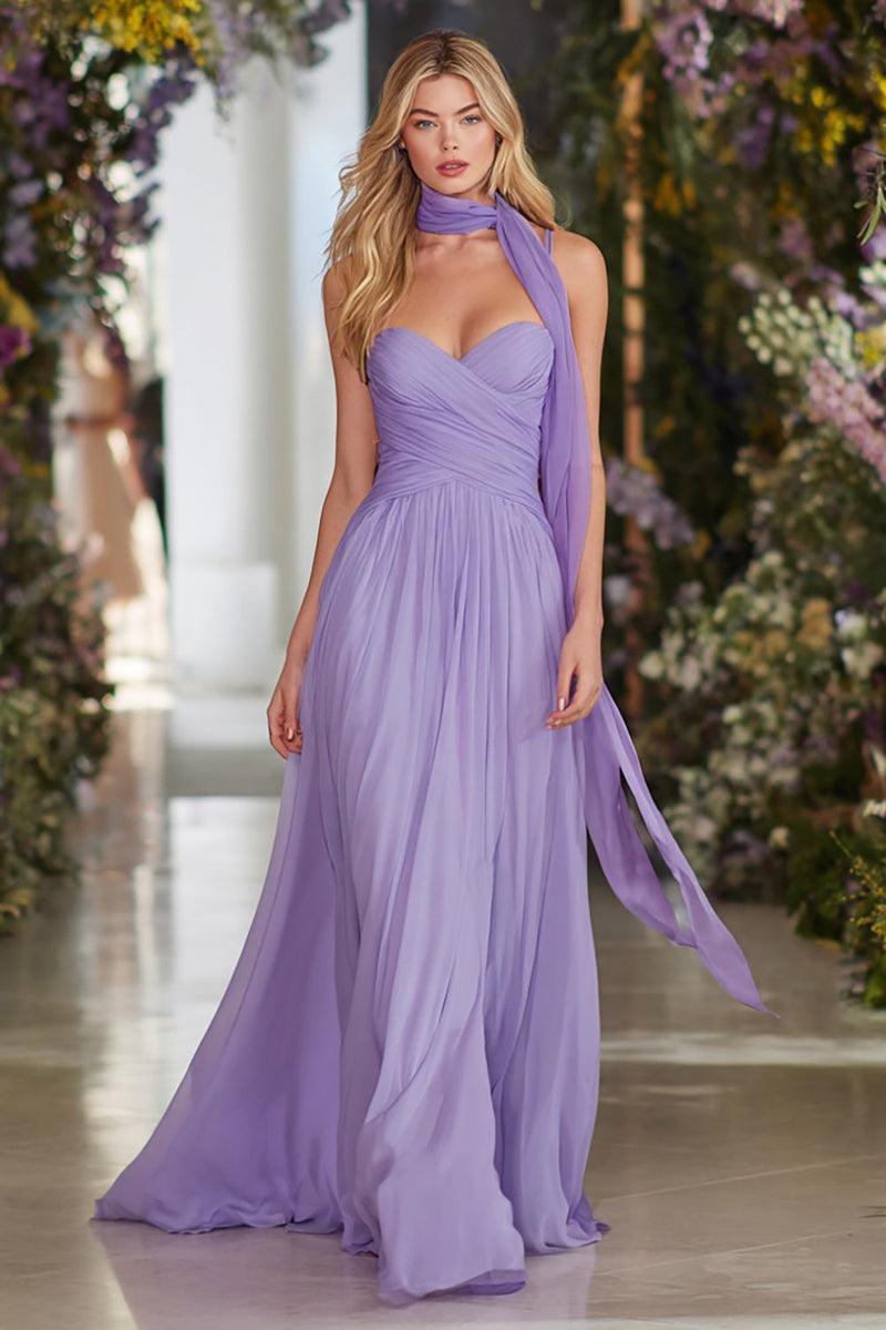 Load image into Gallery viewer, Lilac Chiffon Neck Scarf Sweetheart A Line Long Prom Dress