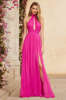 Load image into Gallery viewer, Fuchsia Chiffon Halter A Line Ruched Long Prom Dress with Slit