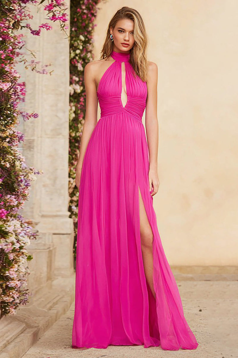 Load image into Gallery viewer, Fuchsia Chiffon Halter A Line Ruched Long Prom Dress with Slit