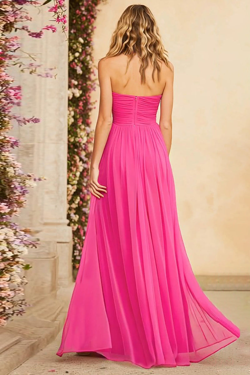 Load image into Gallery viewer, Fuchsia Chiffon Halter A Line Ruched Long Prom Dress with Slit
