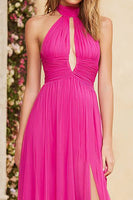 Load image into Gallery viewer, Fuchsia Chiffon Halter A Line Ruched Long Prom Dress with Slit