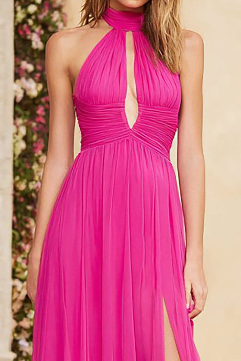 Load image into Gallery viewer, Fuchsia Chiffon Halter A Line Ruched Long Prom Dress with Slit