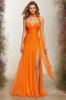Load image into Gallery viewer, Orange Chiffon Sweetheart Neck Scarf A Line Long Prom Dress