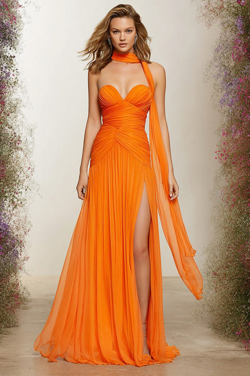 Load image into Gallery viewer, Orange Chiffon Sweetheart Neck Scarf A Line Long Prom Dress