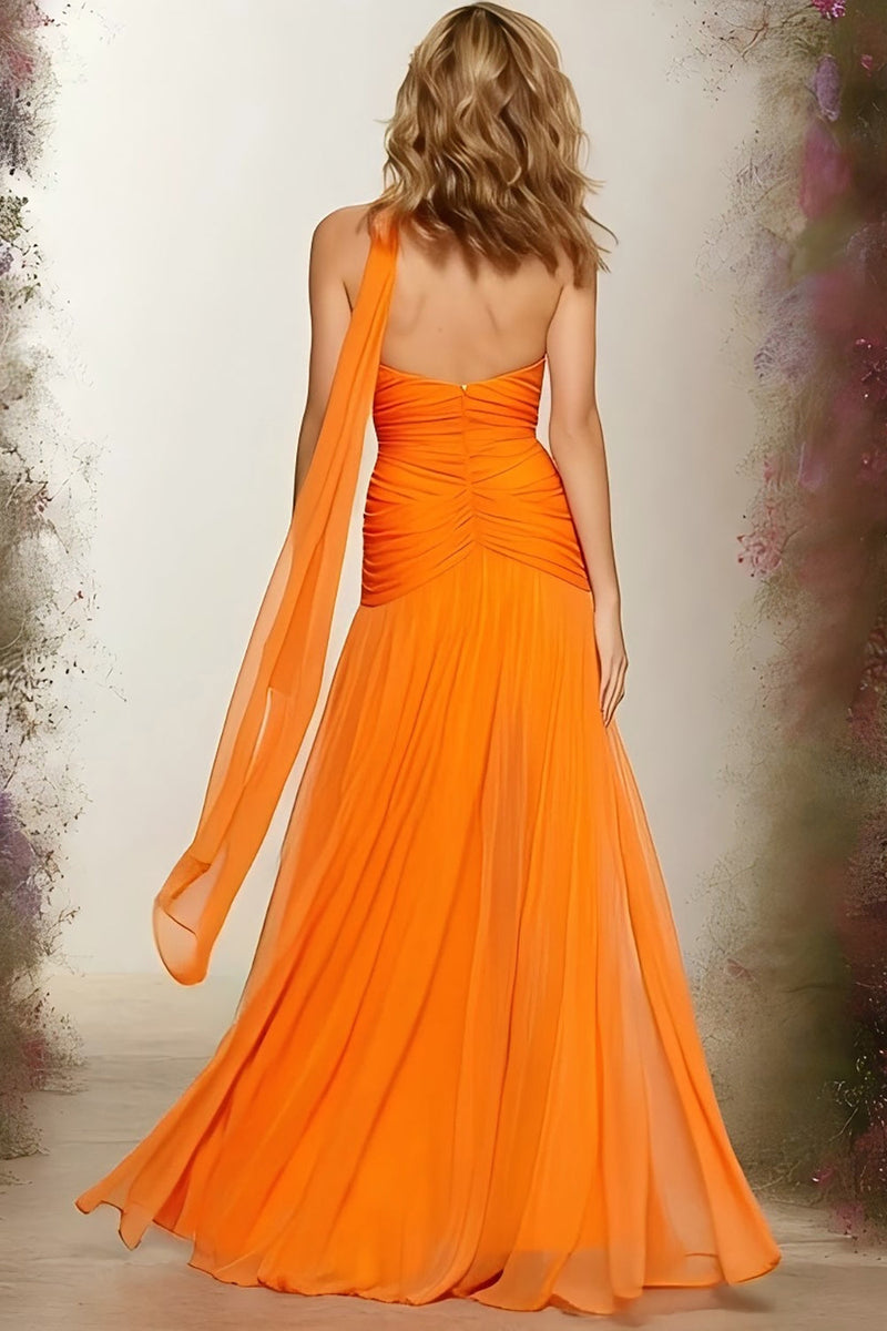 Load image into Gallery viewer, Orange Chiffon Sweetheart Neck Scarf A Line Long Prom Dress