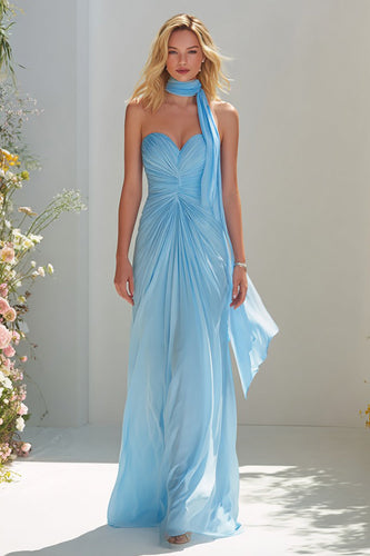 Sky Blue Chiffon Sweetheart Neck Scarf A Line Long Prom Dress