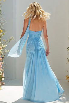 Sky Blue Chiffon Sweetheart Neck Scarf A Line Long Prom Dress