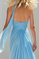 Load image into Gallery viewer, Sky Blue Chiffon Sweetheart Neck Scarf A Line Long Prom Dress