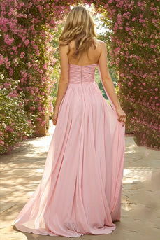 Pink Chiffon Sweetheart Neck Scarf A Line Long Prom Dress