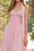 Load image into Gallery viewer, Pink Chiffon Sweetheart Neck Scarf A Line Long Prom Dress