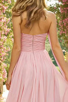 Load image into Gallery viewer, Pink Chiffon Sweetheart Neck Scarf A Line Long Prom Dress