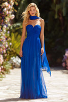 Load image into Gallery viewer, Royal Blue Chiffon Sweetheart Neck Scarf Long Prom Dress