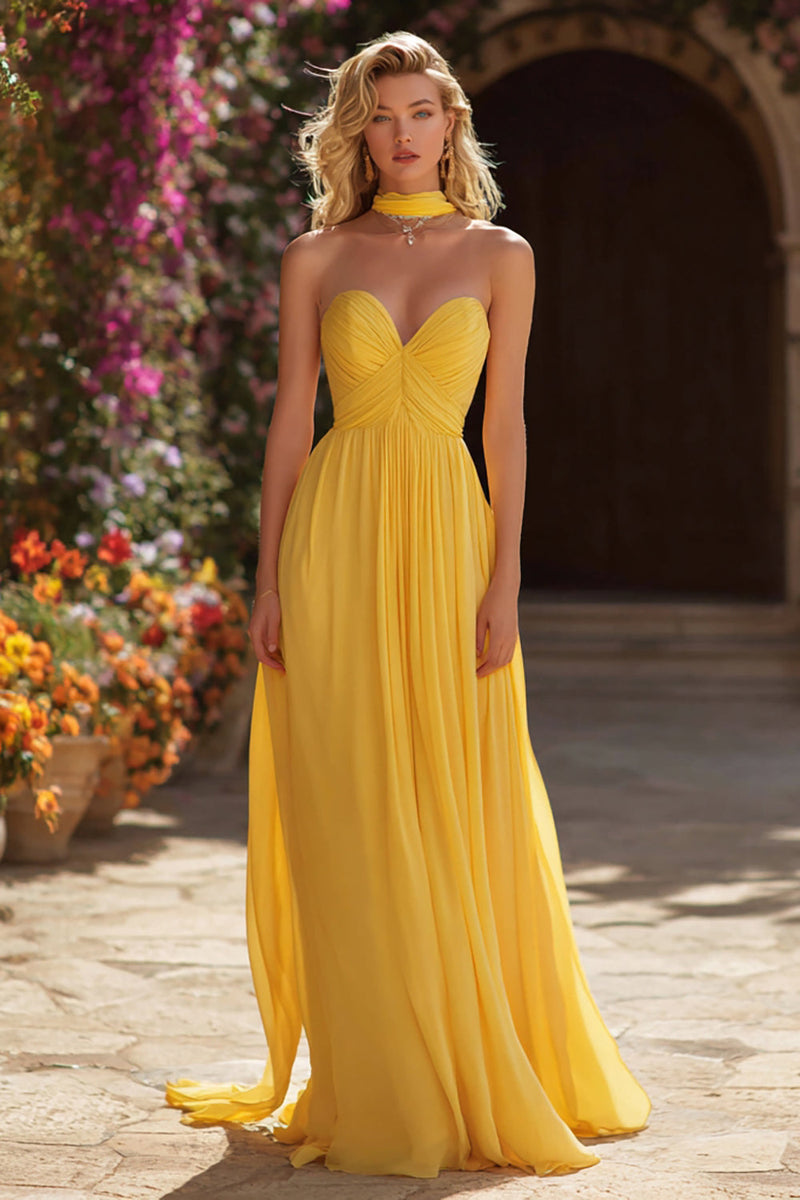 Load image into Gallery viewer, Yellow Chiffon Neck Scarf Sweetheart Long Prom Dress