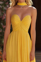 Load image into Gallery viewer, Yellow Chiffon Neck Scarf Sweetheart Long Prom Dress