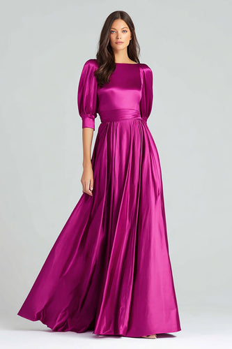 Fuchsia Satin Bateau Neck A-Line Long Evening Dress with Sleeves