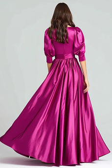 Fuchsia Satin Bateau Neck A-Line Long Evening Dress with Sleeves