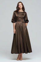 Load image into Gallery viewer, Olive Satin A-Line Long Evening Dress with Sleeves