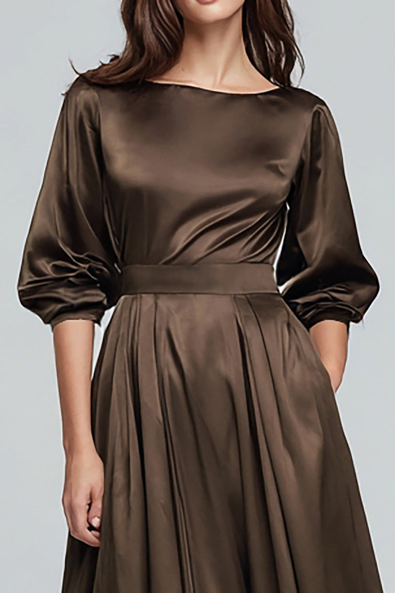 Load image into Gallery viewer, Olive Satin A-Line Long Evening Dress with Sleeves