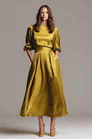 Load image into Gallery viewer, Olive Satin A-Line Long Evening Dress with Sleeves