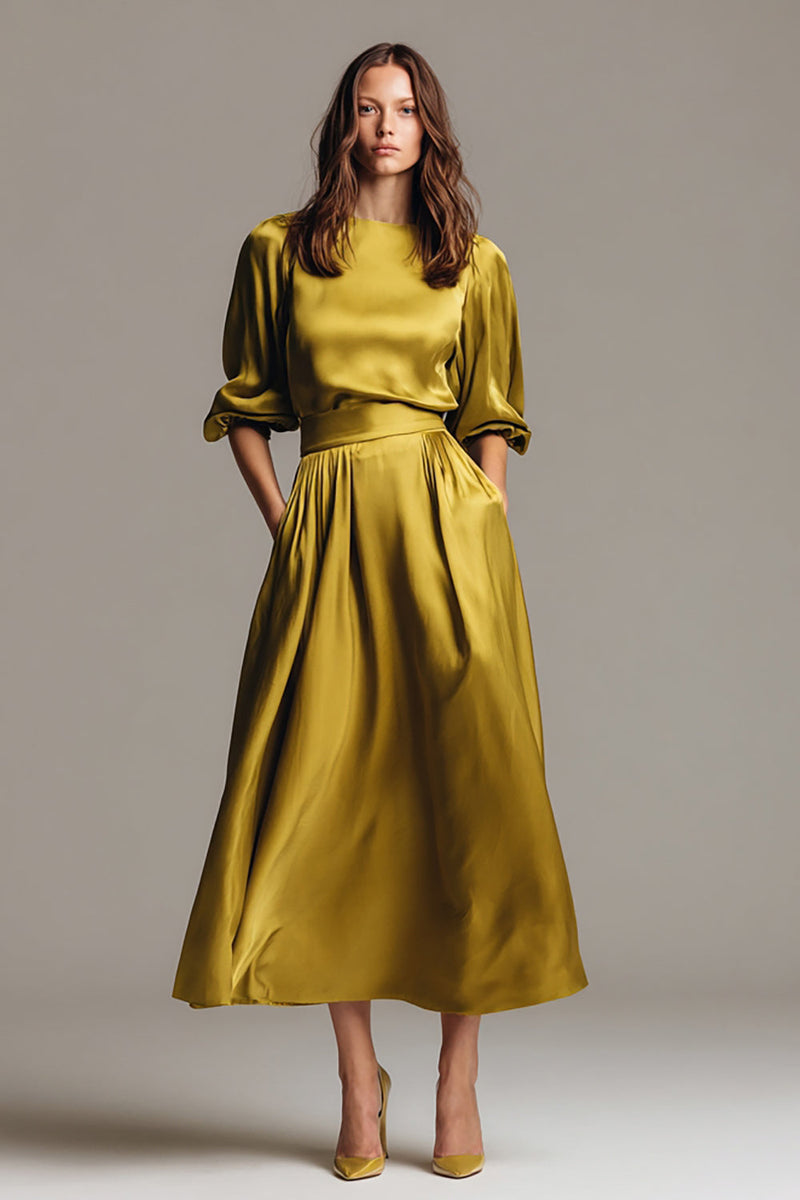 Load image into Gallery viewer, Coffee Satin A-Line Long Evening Dress with Sleeves