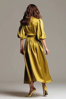 Olive Satin A-Line Long Evening Dress with Sleeves