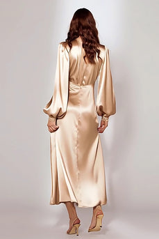 Champagne Satin V-Neck Sheath Evening Dress with Sleeves