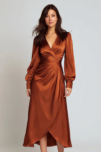 Rust Satin V-Neck Midi Work Dress with Sleeves