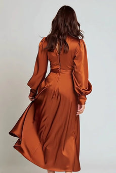 Rust Satin V-Neck Midi Work Dress with Sleeves