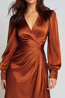 Load image into Gallery viewer, Rust Satin V-Neck Midi Work Dress with Sleeves