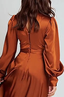 Load image into Gallery viewer, Rust Satin V-Neck Midi Work Dress with Sleeves