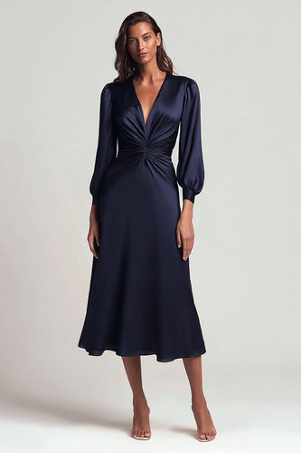 Navy Satin V-Neck Ruched A Line Midi Work Dress with Sleeves