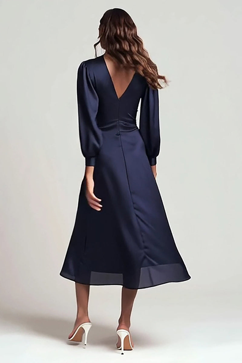 Load image into Gallery viewer, Navy Satin V-Neck Ruched A Line Midi Work Dress with Sleeves