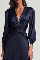 Load image into Gallery viewer, Navy Satin V-Neck Ruched A Line Midi Work Dress with Sleeves