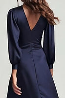Load image into Gallery viewer, Navy Satin V-Neck Ruched A Line Midi Work Dress with Sleeves