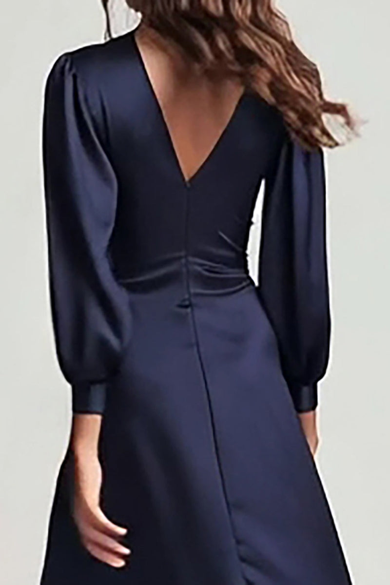 Load image into Gallery viewer, Navy Satin V-Neck Ruched A Line Midi Work Dress with Sleeves