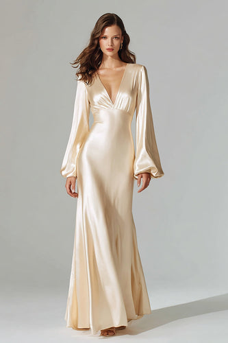 Champagne Satin Mermaid V-Neck Evening Dress with Sleeves