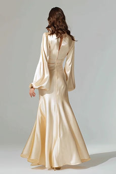 Champagne Satin Mermaid V-Neck Evening Dress with Sleeves