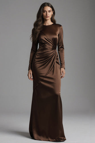 Coffee Satin Mermaid Crew Neck Long Evening Dress with Sleeves