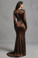 Load image into Gallery viewer, Coffee Satin Mermaid Crew Neck Long Evening Dress with Sleeves