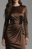 Load image into Gallery viewer, Coffee Satin Mermaid Crew Neck Long Evening Dress with Sleeves