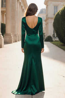 Dark Green Satin Mermaid Long Evening Dress with Slit