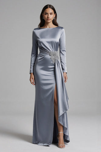Dusty Blue Satin Long Mermaid Evening Dress with Sleeves